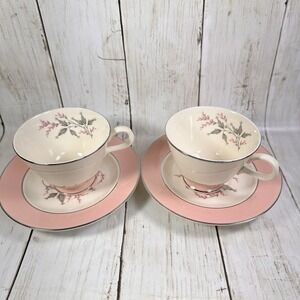 Set of 2 Homer Laughlin Vtg Egg Shell China Cavalier w Pink‎ Rim Cups & Saucers